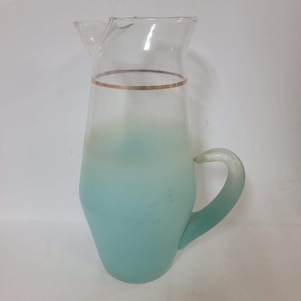 Vintage 1950's Teal Color Frosted Blendo Glass Pitcher With Gold Rim 11.75" Tall